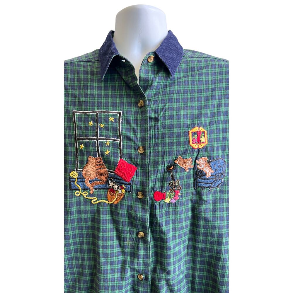 🍀 Victoria Jones Women 18W Green Plaid Embroidered Novelty Shirt Cottagecore - Picture 2 of 5